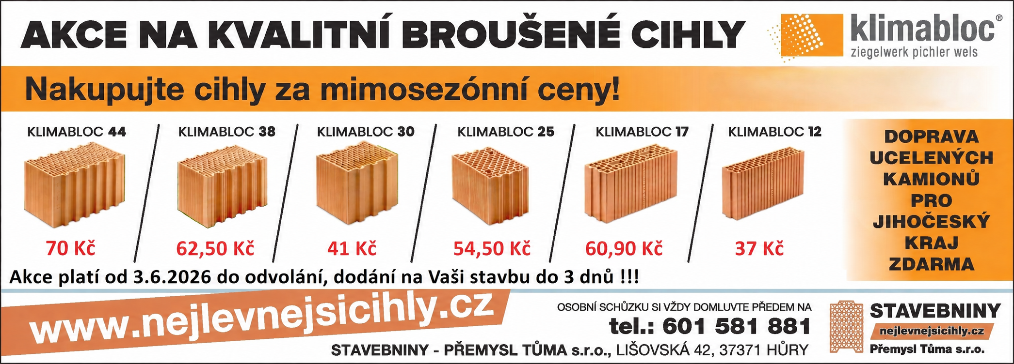 Akce sleva na cihly broušené Klimabloc 3. 6. 2026 nejvyšší pevnost v ČR