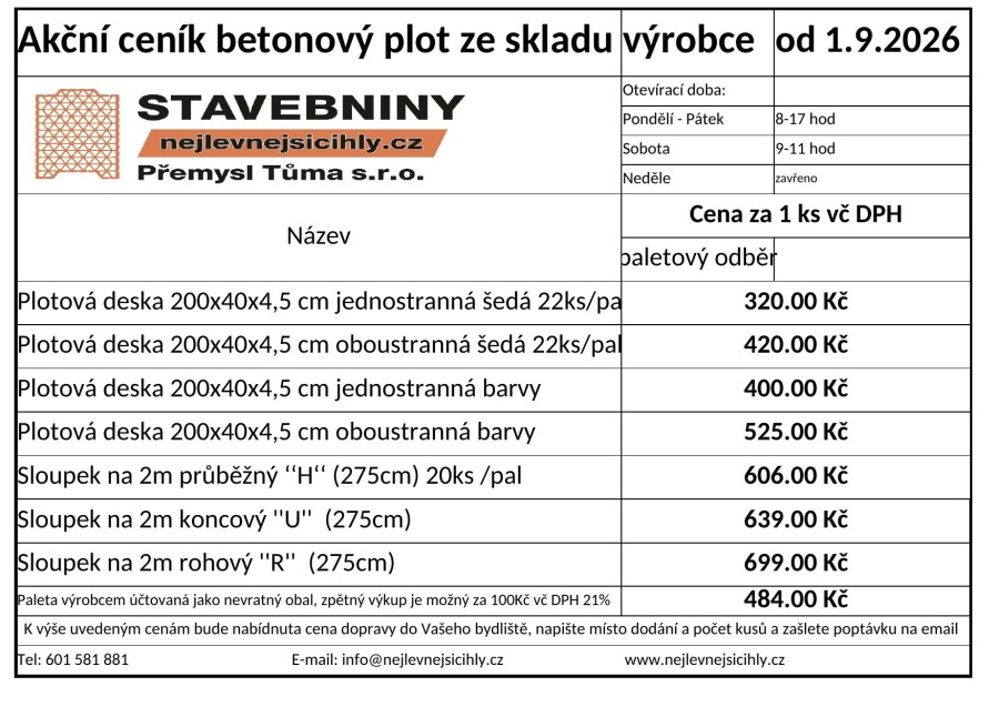 akční ceník betonový plot doprava po celé ČR