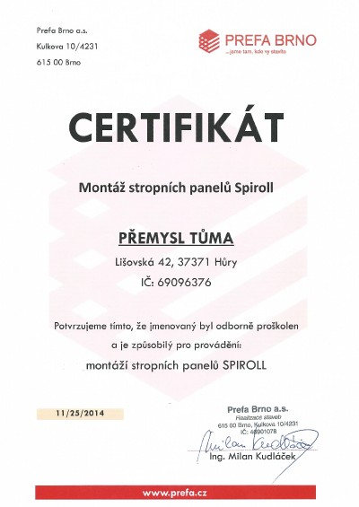Certifikát o školení Prefa